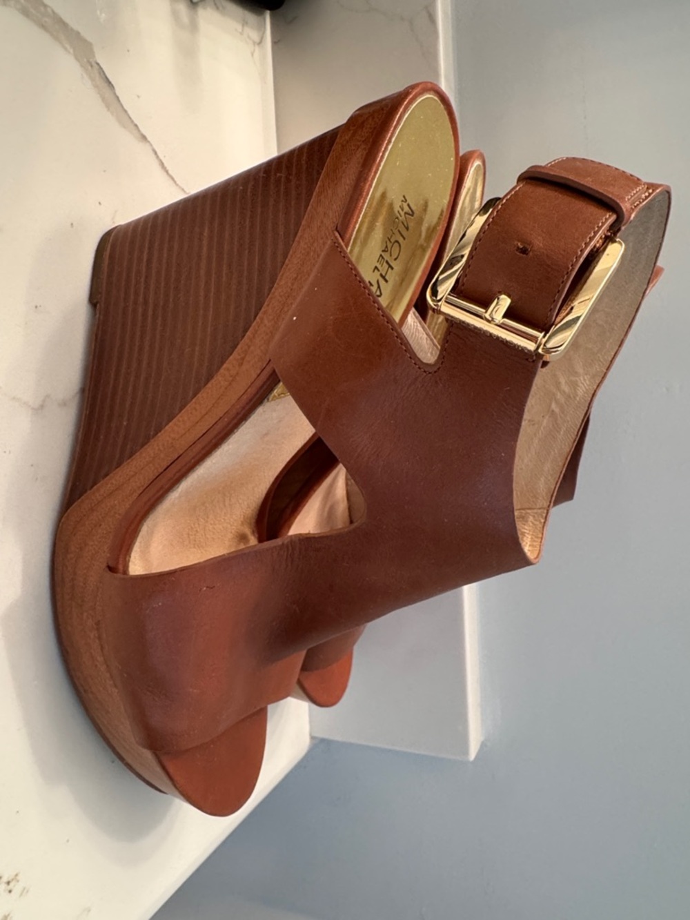 Michael Kors Cognac Brown Leather Open-Toe Slingback Heels - Picture 3 of 4